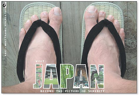 classic photo of own sandaled feet with 'visit Japan' over with photos of tourist landmarks within the letters.